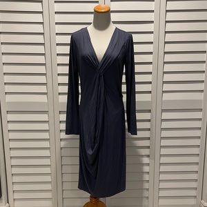 Ronen Chen Basix Dusty Slate Blue Dress with front detail and long sleeve.